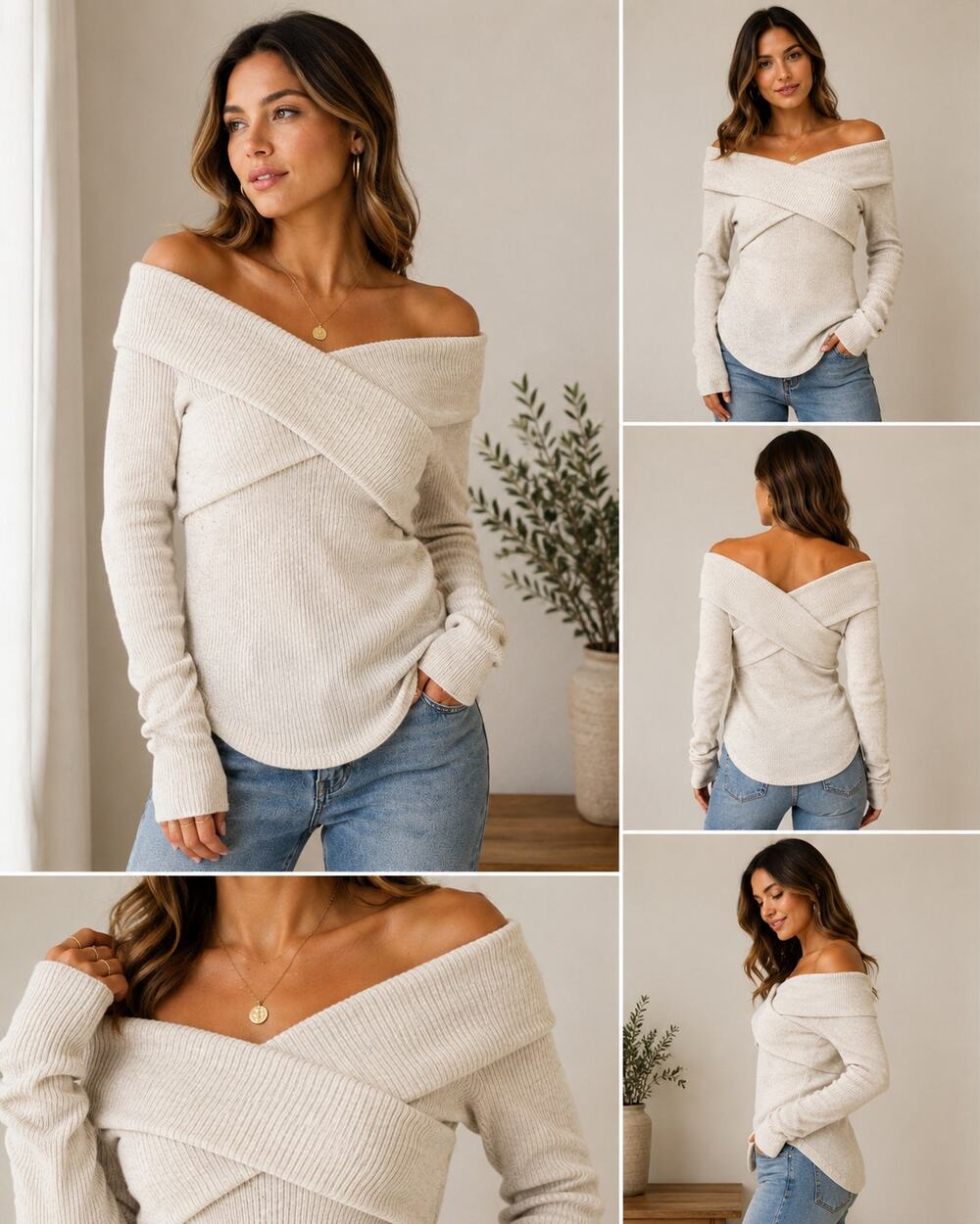 Free People Sweater Pullover Womens M Beige Cowl Neck Chunky-Knit Wrap Front NWT